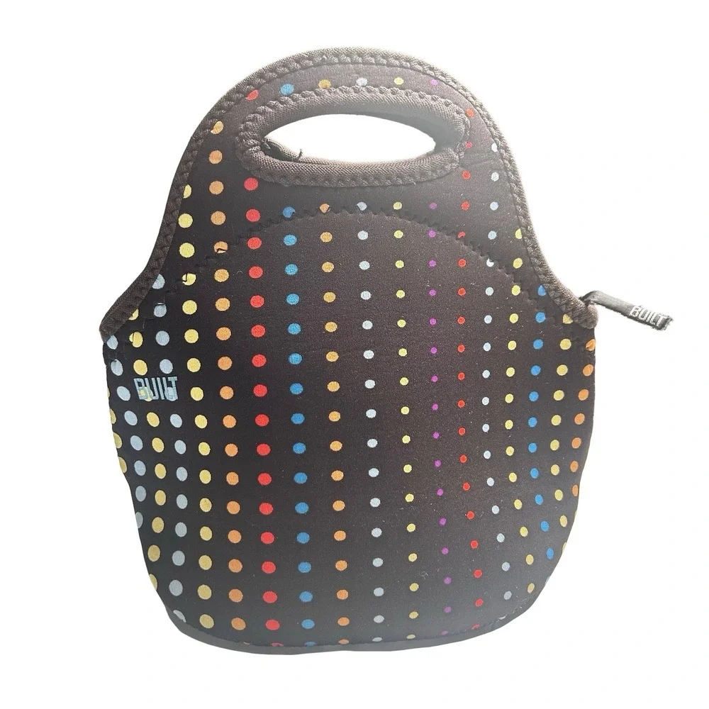 BUILT NY Gourmet Getaway Neoprene Lunch Tote Brown Rainbow Polka‎ Dot